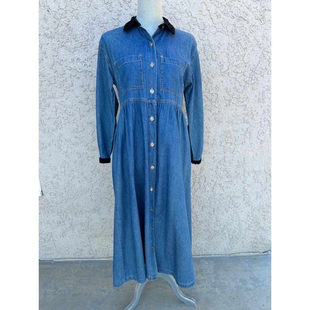 Vintage 90s Denim Maxi Dress Prairie Button-Down Front & Waist Tie 4P 4 Petite